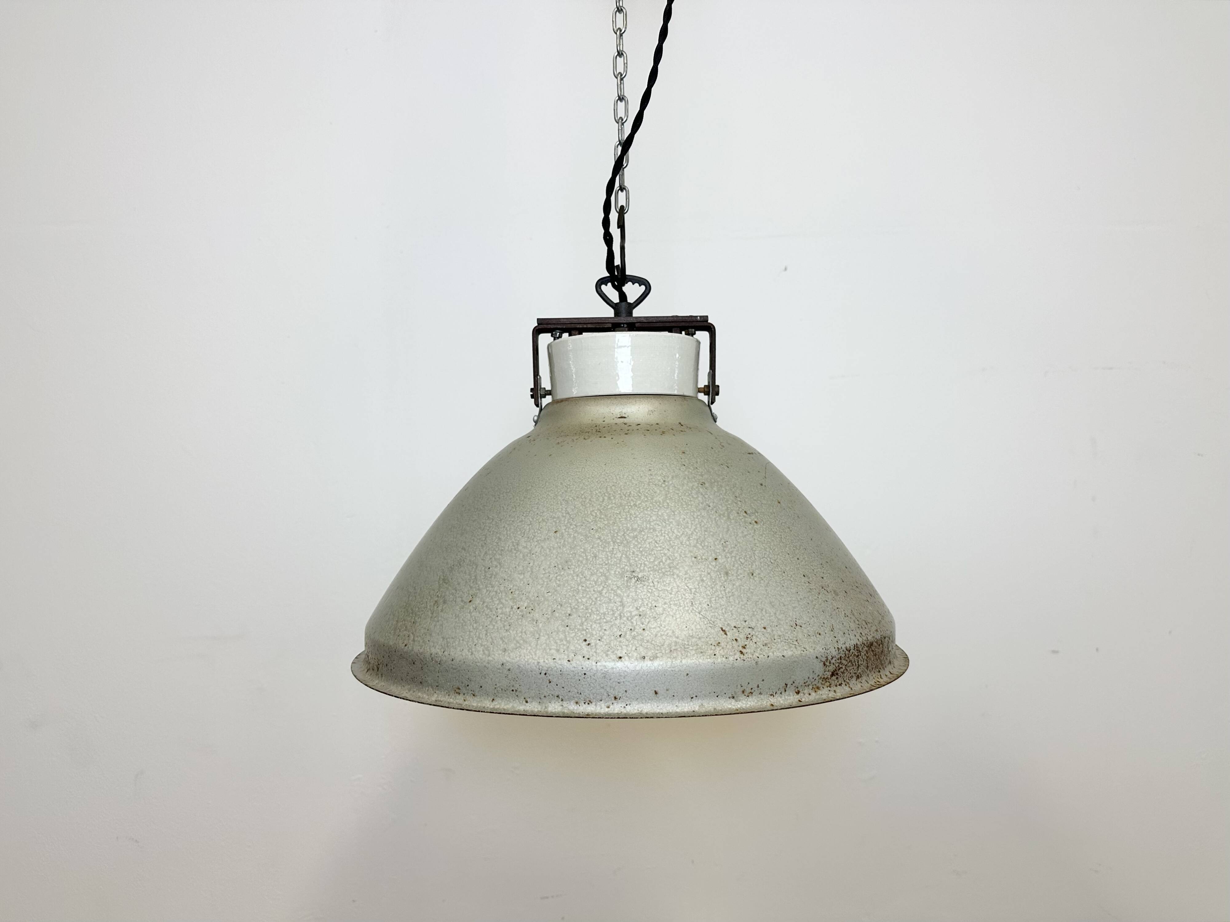 Grey metal industrial factory hanging lamp, 1960s