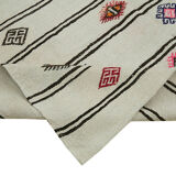 Hand-knotted turkish unique 1970s 222 cm x 343 cm beige hemp kilim carpet