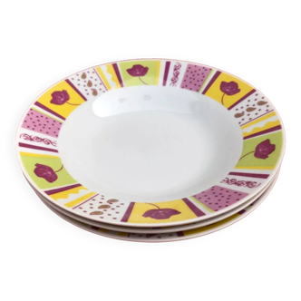 3 deep plates White porcelain Multicolored frieze tulip decor