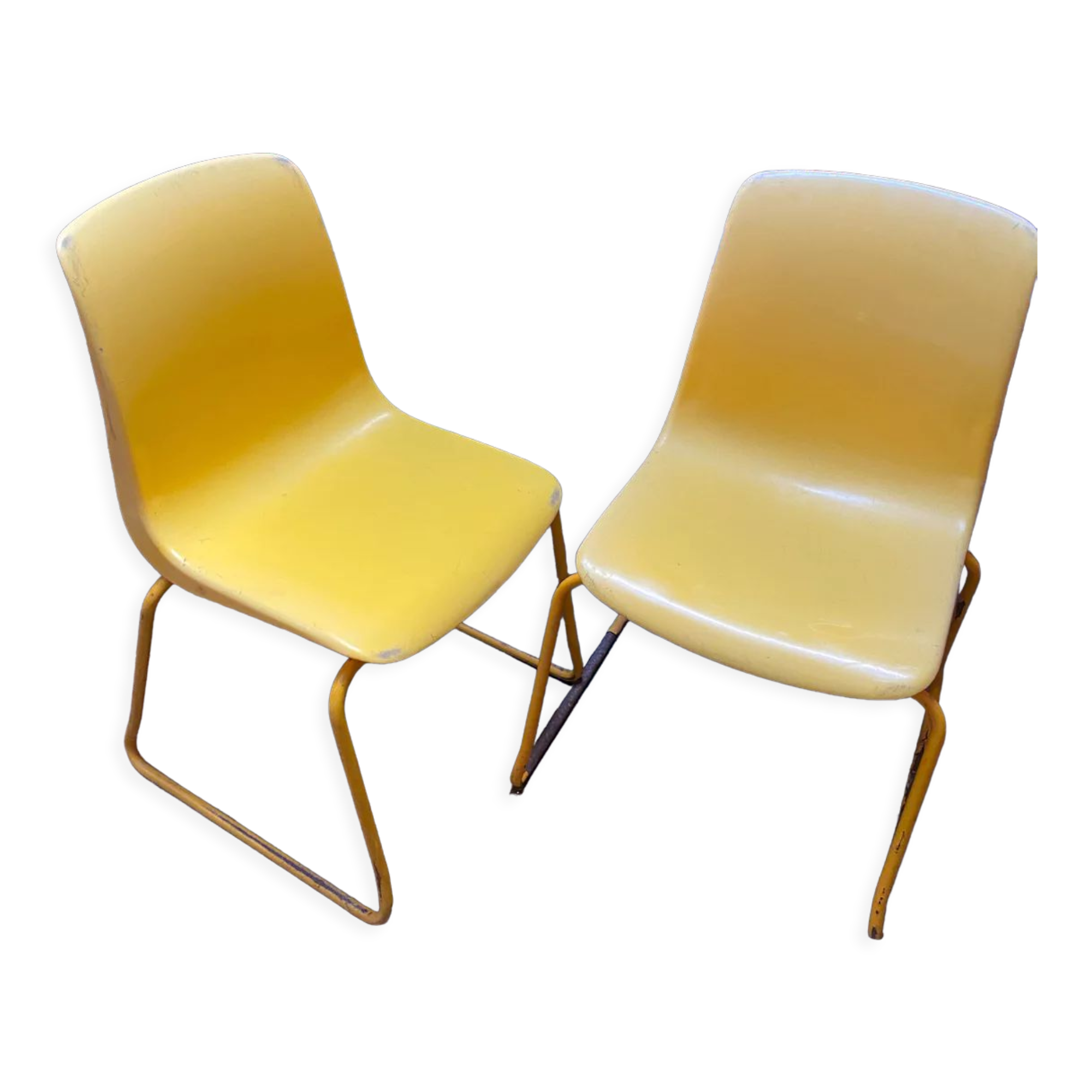 Duo of vintage Grofilex child kindergarten chairs yellow plastic