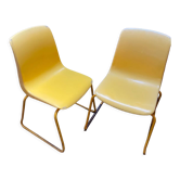 Duo of vintage Grofilex child kindergarten chairs yellow plastic