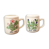 2 tea cups in enamelled speckled sandstone flower décor