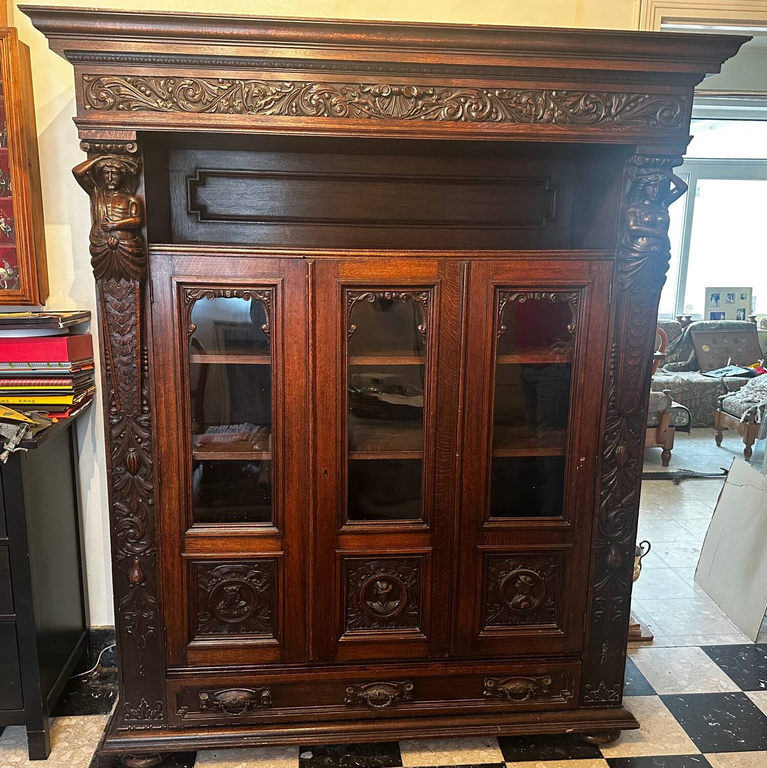 Large Renaissance Style Library Solid Oak 19th Century