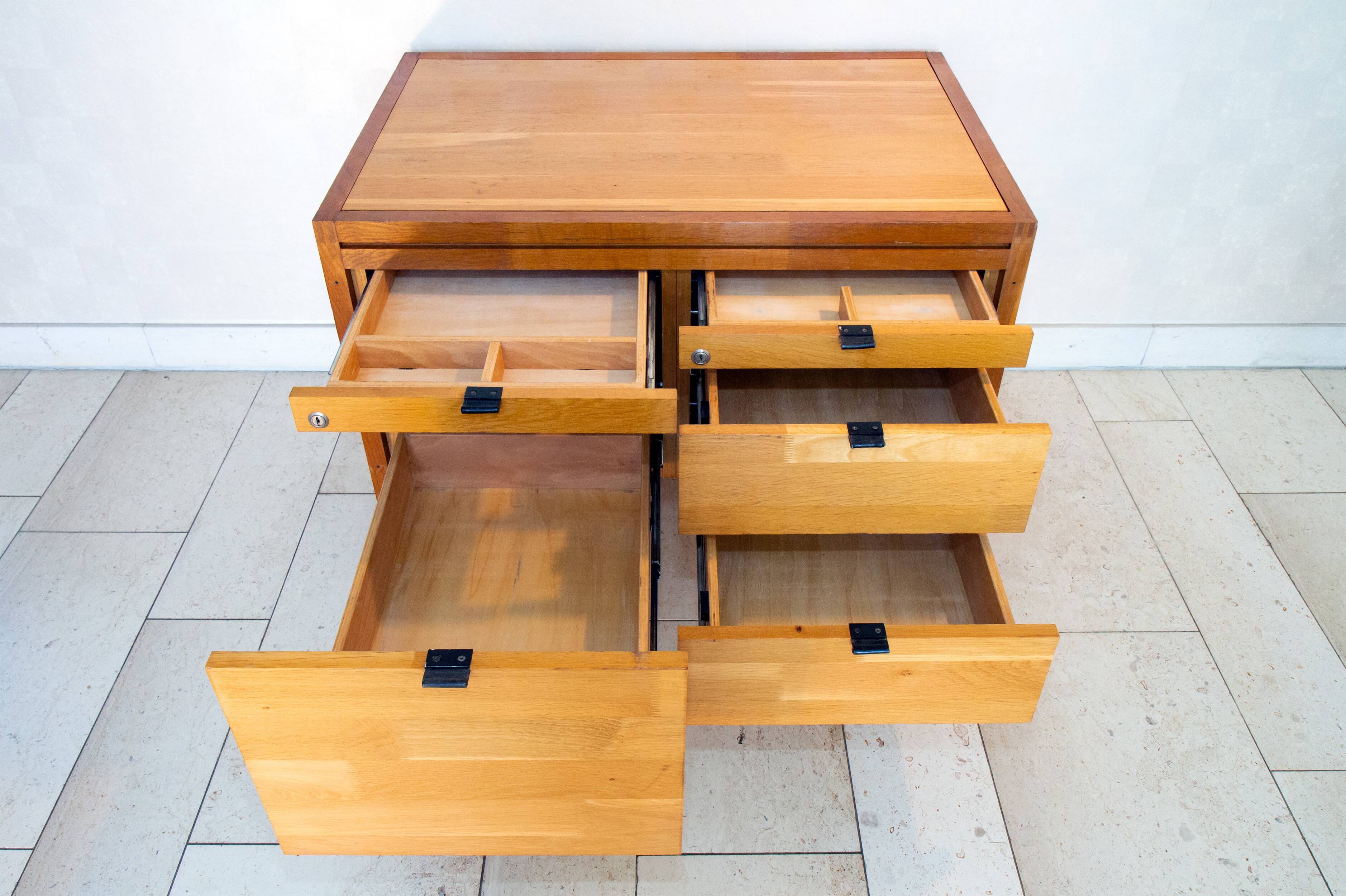 Scandinavian storage unit, solid wood and leather