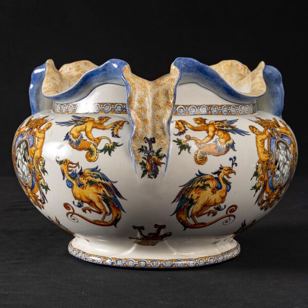 Cache pot ancien - faïence de gien - décor renaissance italienne - xixème siècle