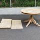 Large round extendable dining table renovated in raw pine with 2 extensions, 1980.