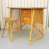Vintage Louis Sognot rattan desk and stool