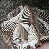 Pair of vintage wooden and rattan straw pendant lights.