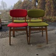 Set of 4 multicoloured wooden office chairs from the 1960s, Mid-Century style, with upholstered seats.