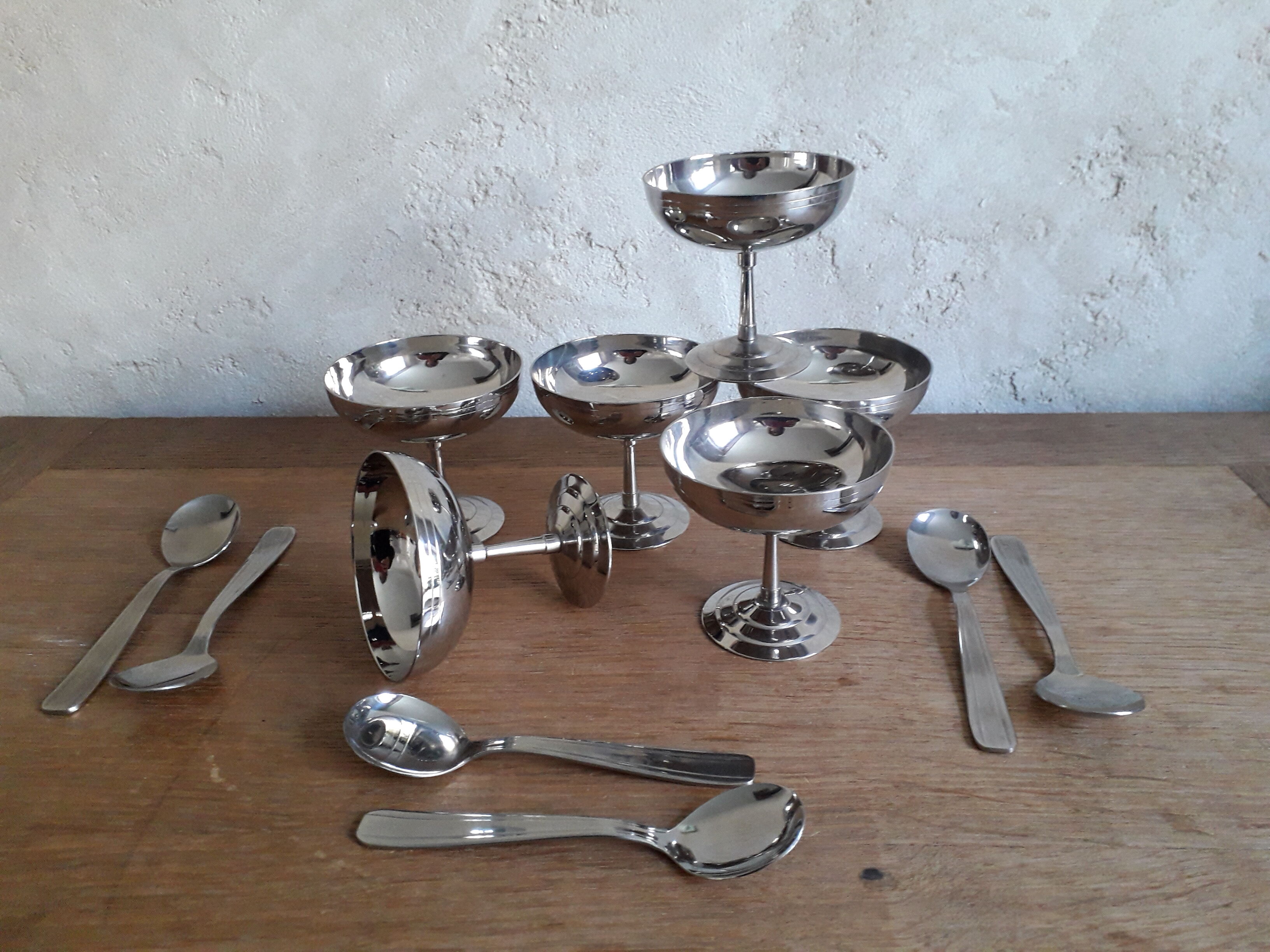 Set of 6 ice cream cups with spoons LETANG REMY 70s