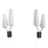 Asymmetrical double light wall sconces in brass, metal, and opaline - 50s
