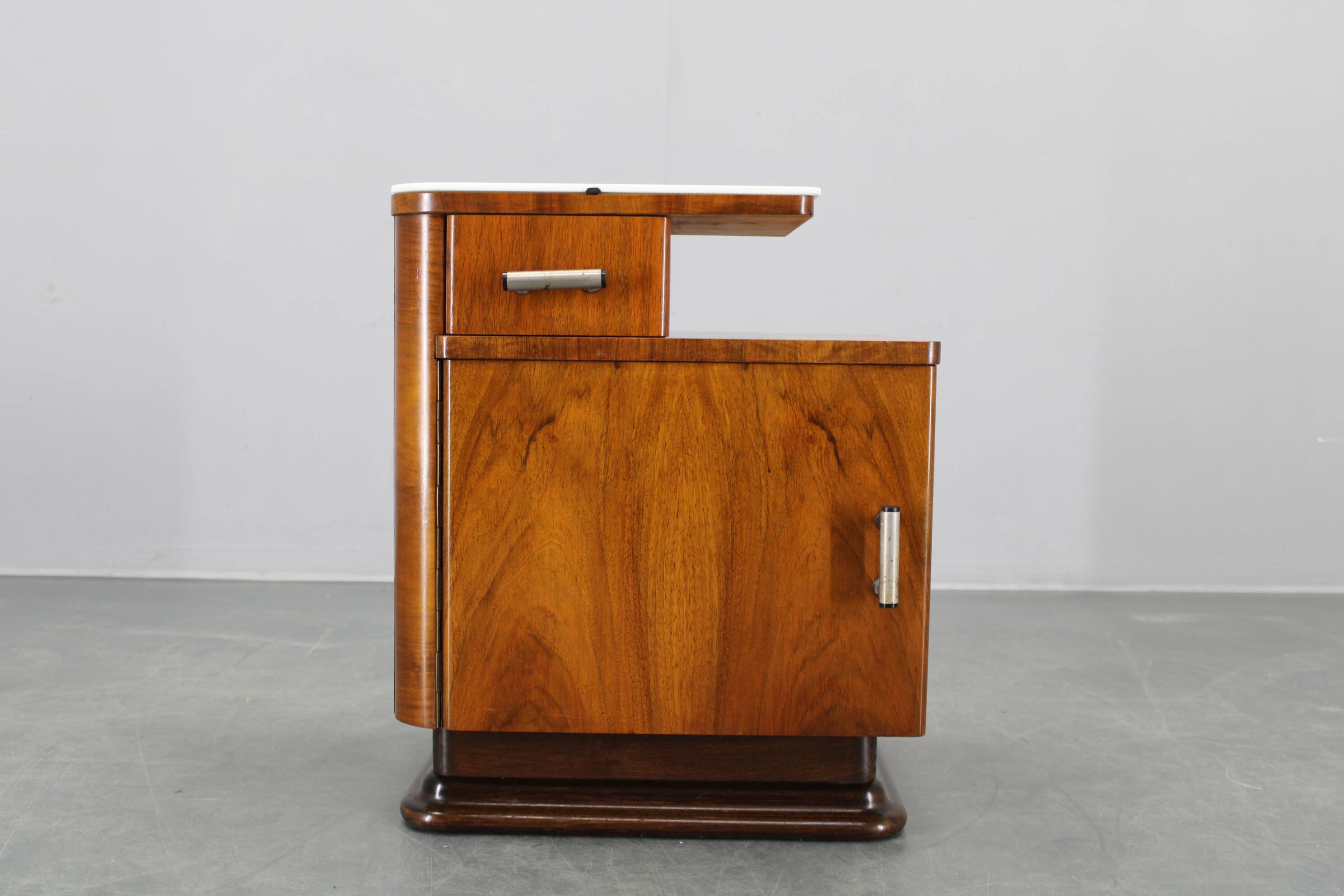 1940s night stand in walnut finish with glass top, Czechoslovakia