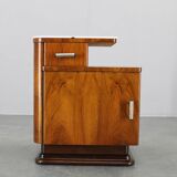 1940s night stand in walnut finish with glass top, Czechoslovakia