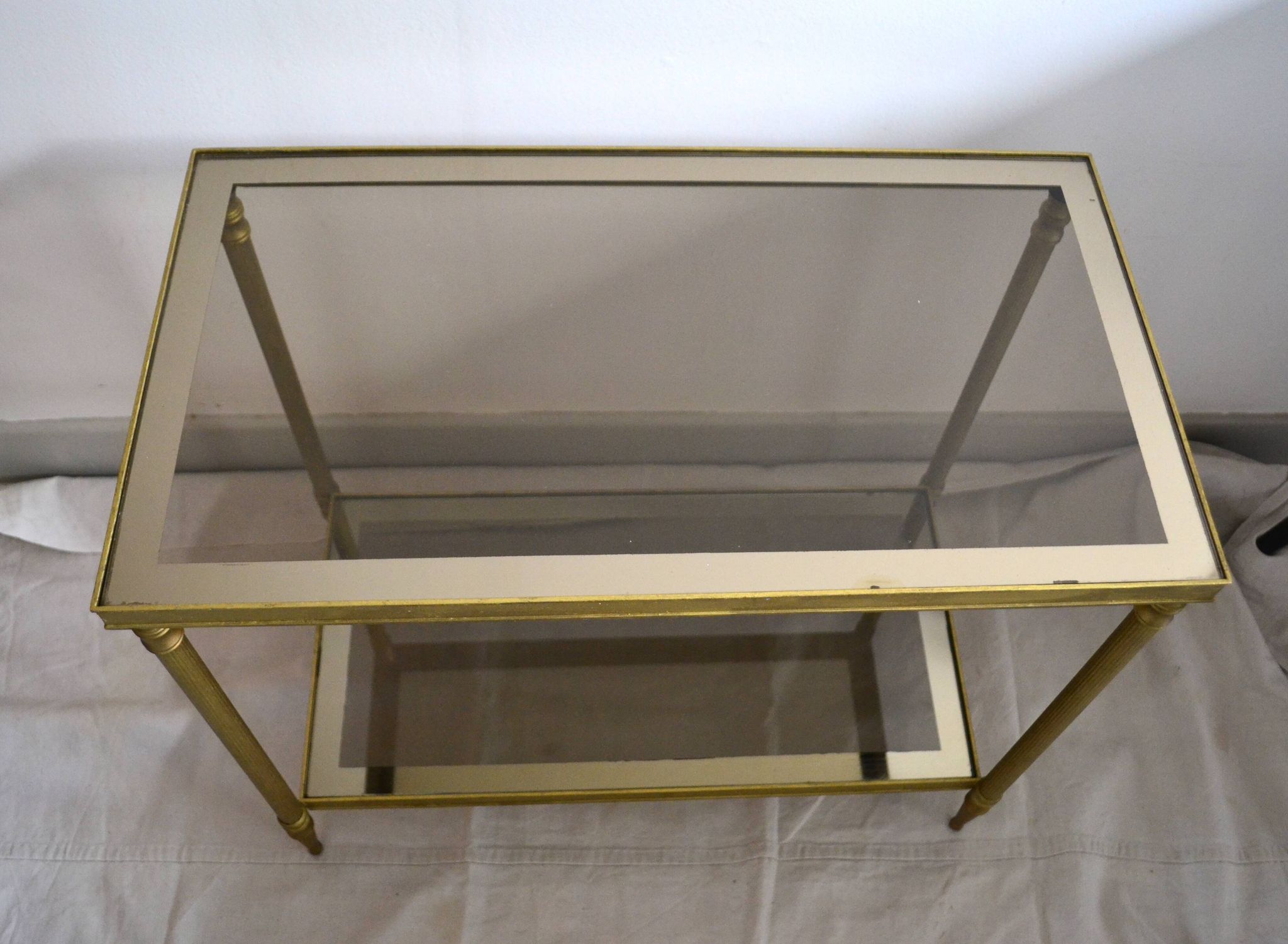 Side table, low table, gold brass, smoked glass, 70s.