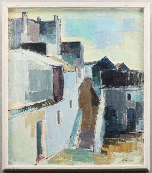 Original Swedish mid-century oil on canvas – “City” by Gustaf Höglund – vintage & framed – 80 × 70 cm