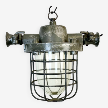 Lampe à suspension industrielle cage en fonte d'aluminium, 1960s