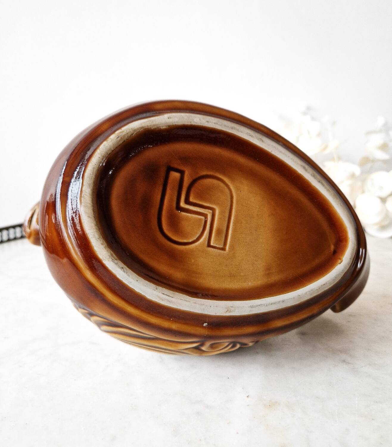 Brown duck slip pitcher from Sarreguemines, France, 1970s