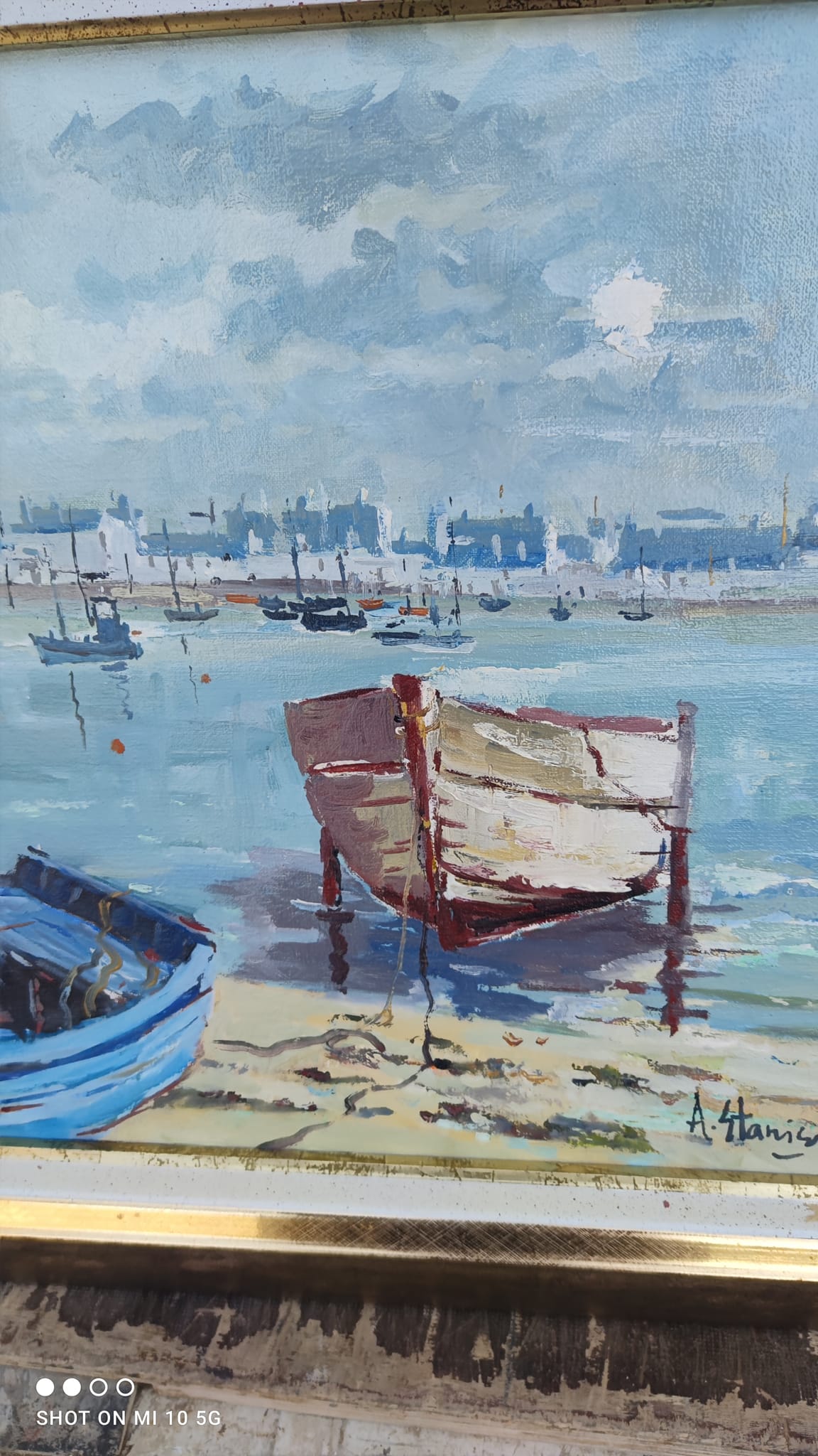Breton seascape painting in the port of Guilvinec in 2002 by Antoine Stanisiere