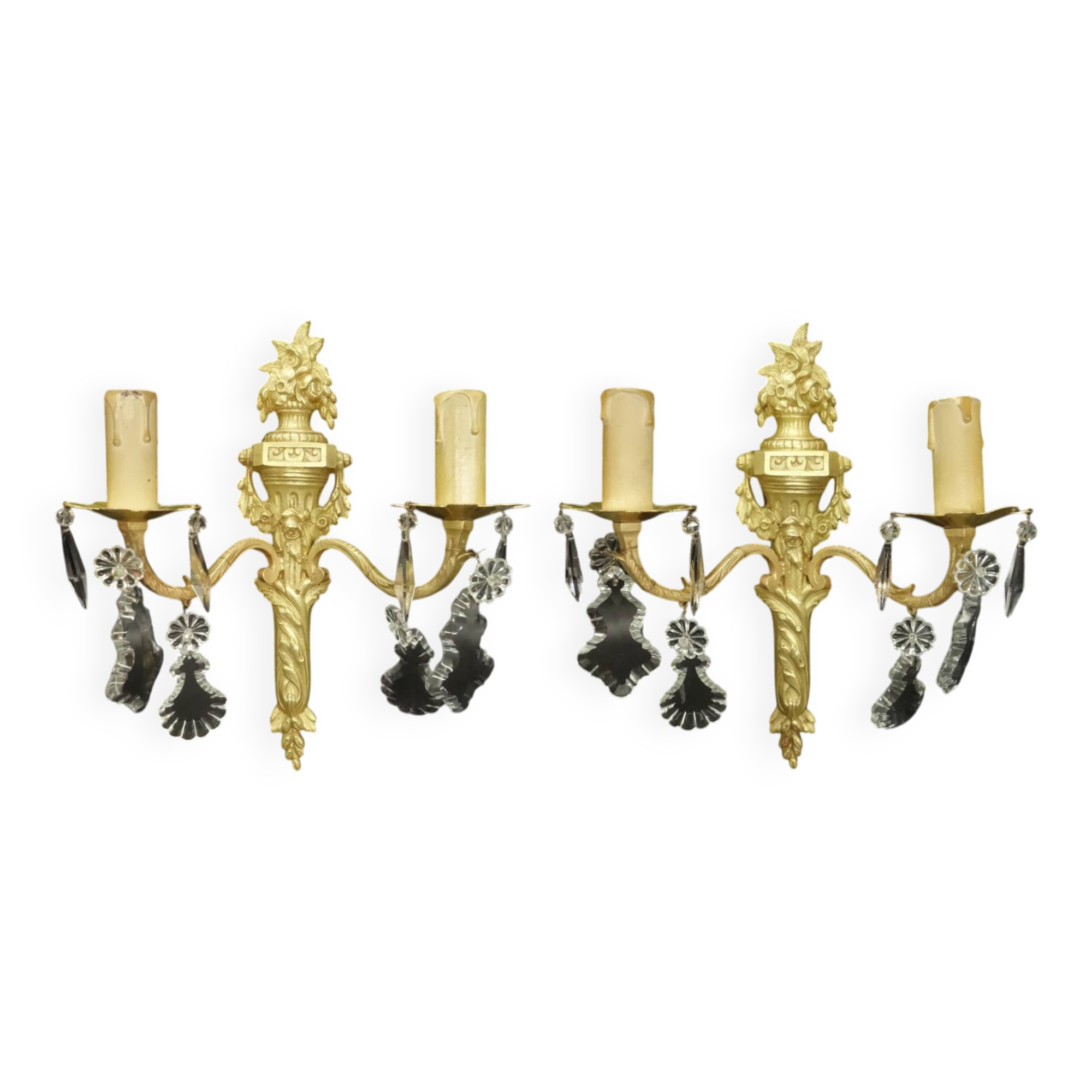 Pair of Louis XVI style tassel sconces, early 1900s - bronze & glass