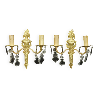 Pair of Louis XVI style tassel sconces, early 1900s - bronze & glass