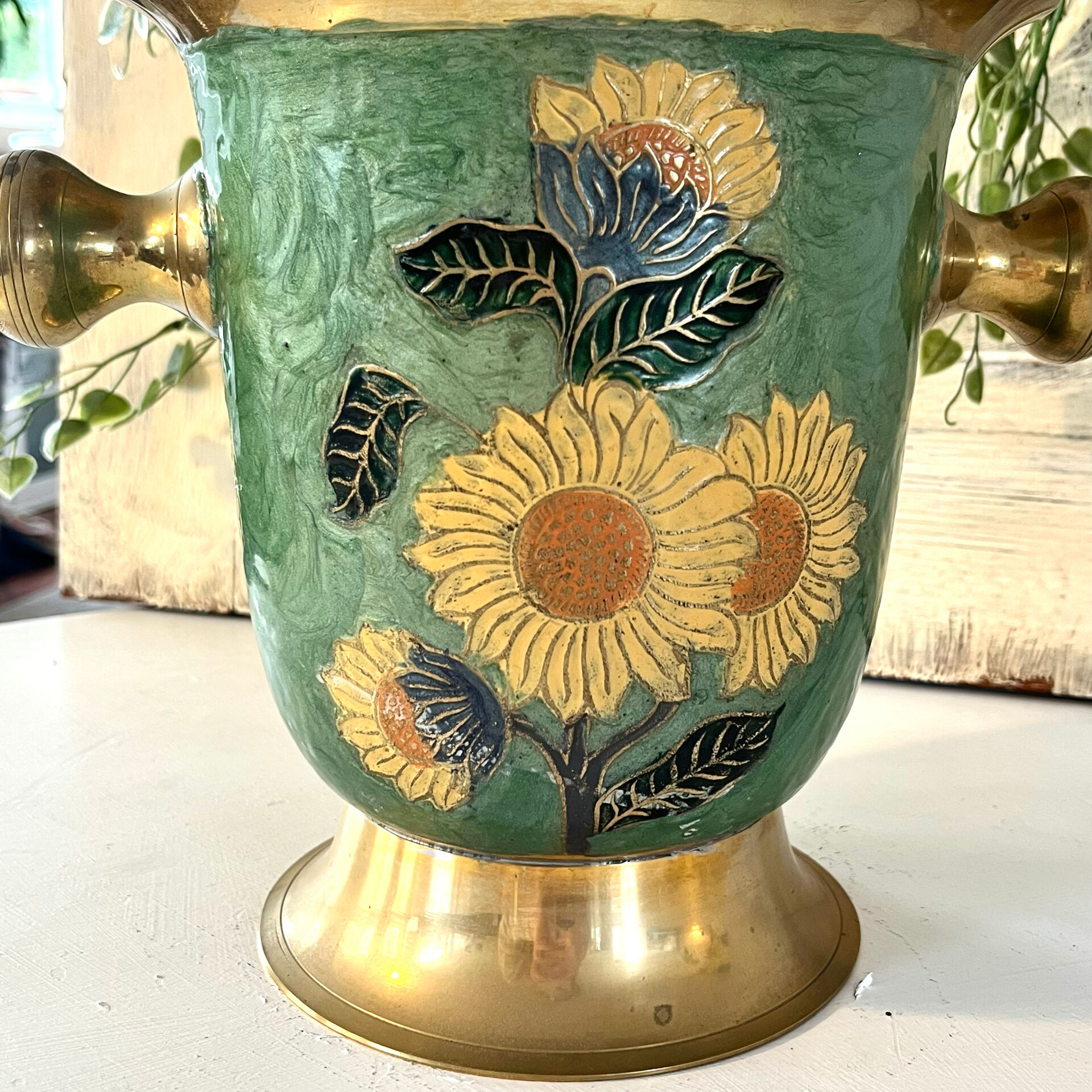 Vintage brass and green enamel cloisonné champagne cooler with sunflow