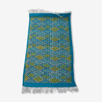 Tapis bleu et jaune motifs losanges fait main en pure laine 95x60cm