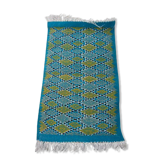 Tapis bleu et jaune motifs losanges fait main en pure laine 95x60cm