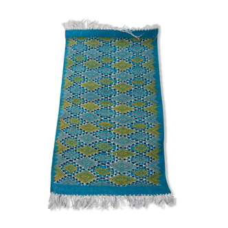 Tapis bleu et jaune motifs losanges fait main en pure laine 95x60cm