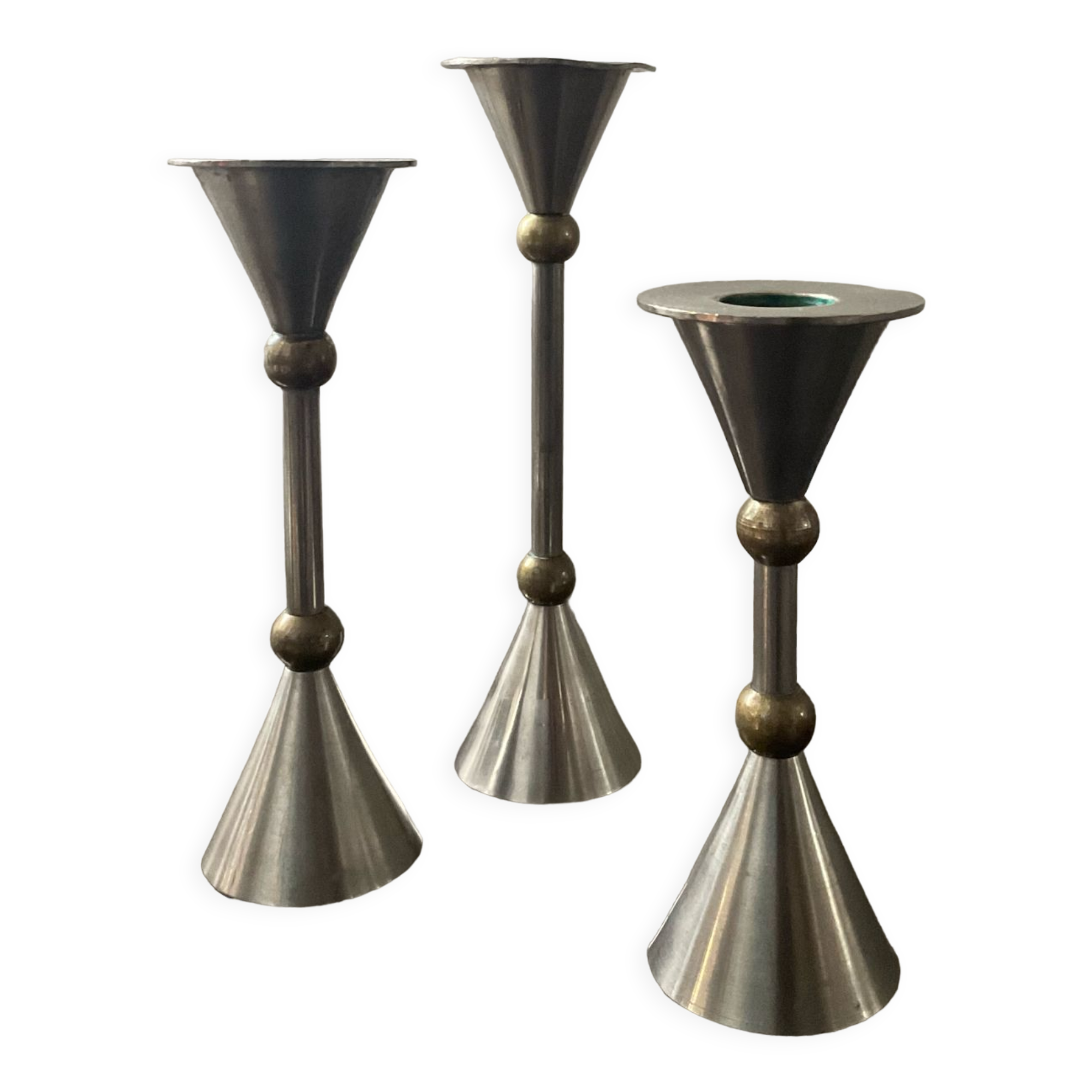 Trio of vintage metal and bronze candle holders