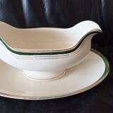 Saucière en faïence Digoin Sarreguemines vert et or