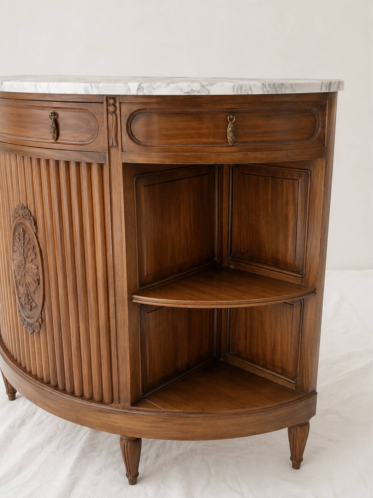 1930s buffet console in solid mahogany, marble and bevelled mirror.