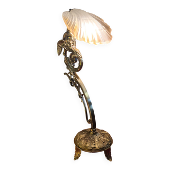 lampe bronze doré 58x25x6kg  abat jour coquille verre 1960 elec d origine o