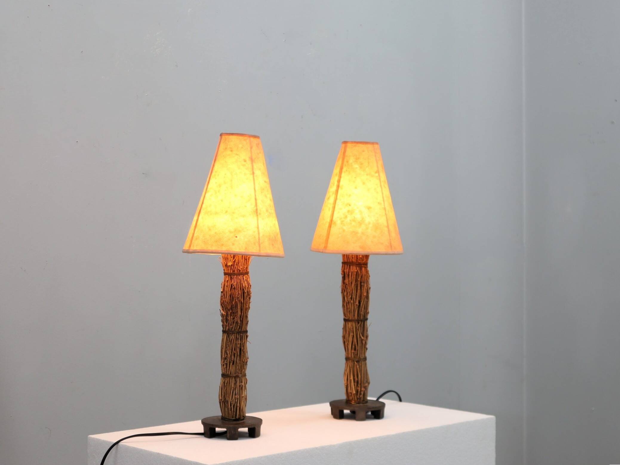 Pair of 1970s Italian decorative table lamps raphia & parchment