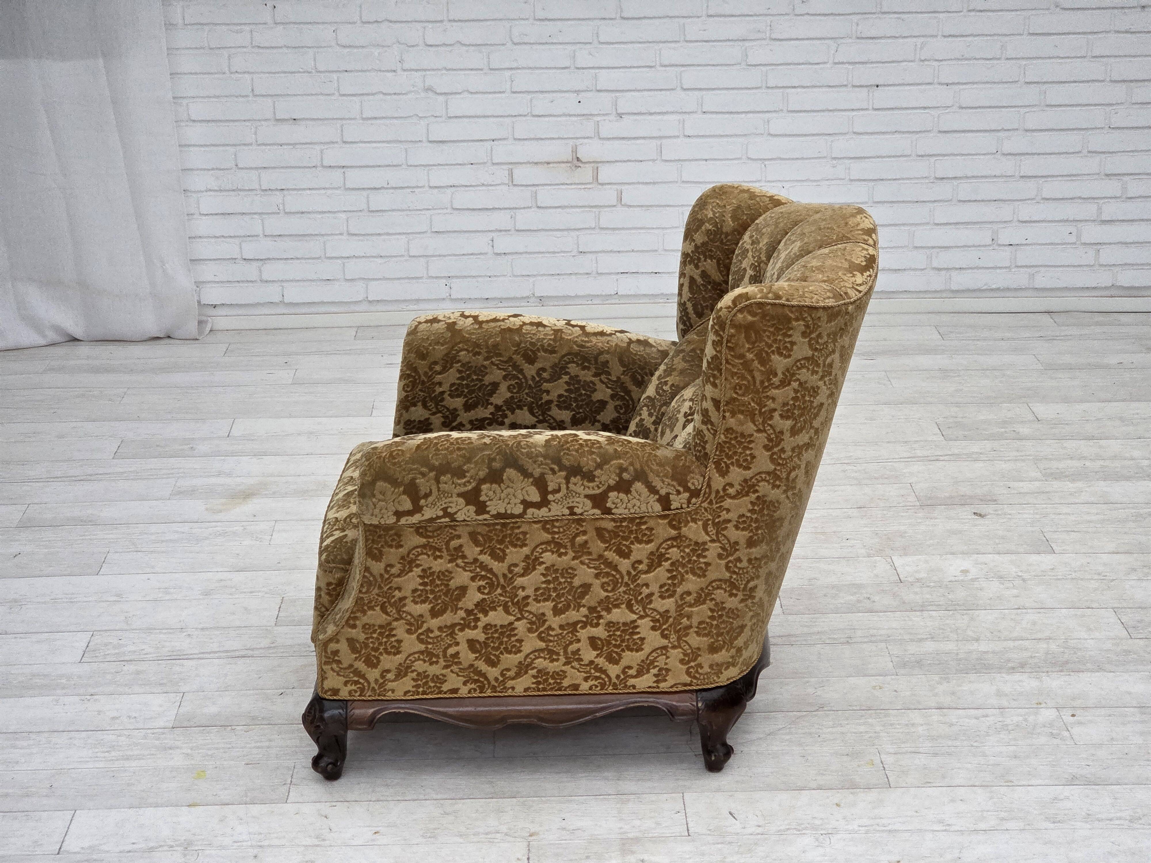 1950s, Danish relax armchair, furniture velour, carved oak wood.