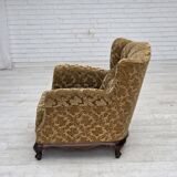 1950s, Danish relax armchair, furniture velour, carved oak wood.