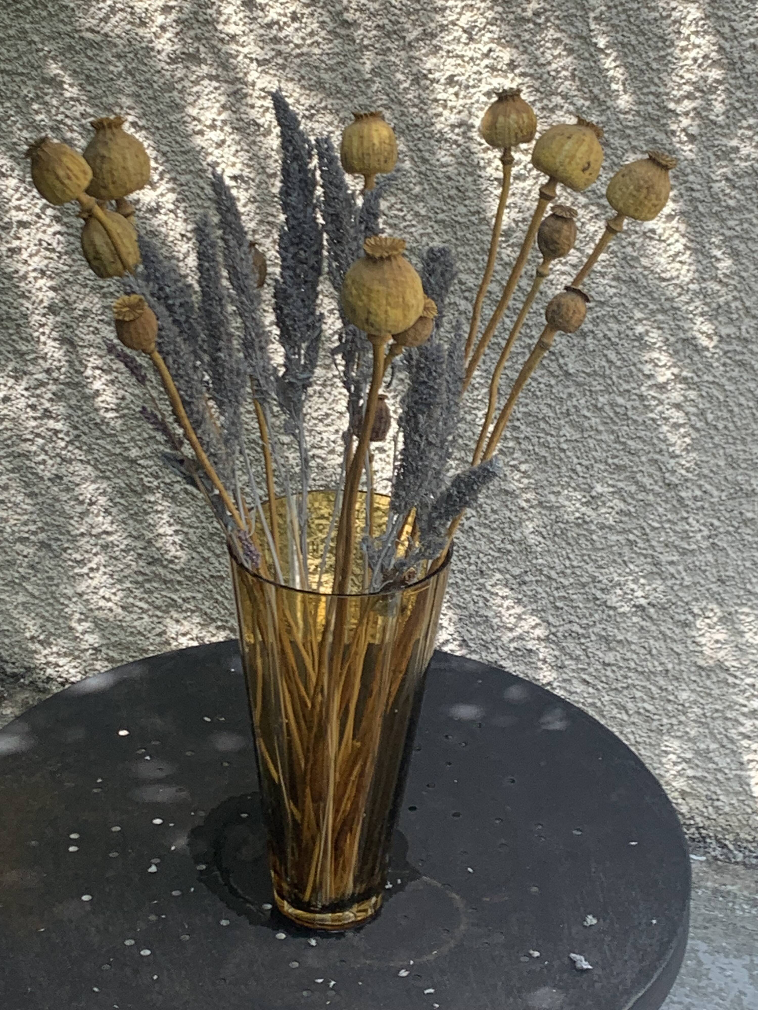 Bayadere patterned vase in glass, transparent and vintage ochre