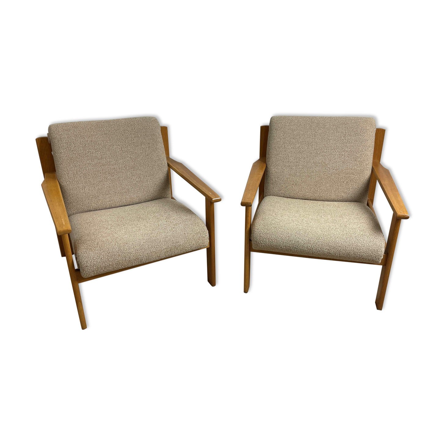 Pair of beige gray armchairs in solid wood origin Eastern countries, 70s-80s