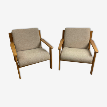 Pair of beige gray armchairs in solid wood origin Eastern countries, 70s-80s