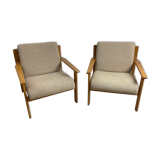 Pair of beige gray armchairs in solid wood origin Eastern countries, 70s-80s