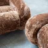 Living room set, 3-seater sofa and 2 armchairs in beige chenille, 1970s
