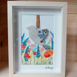 Floral watercolor composition and handmade clay bird