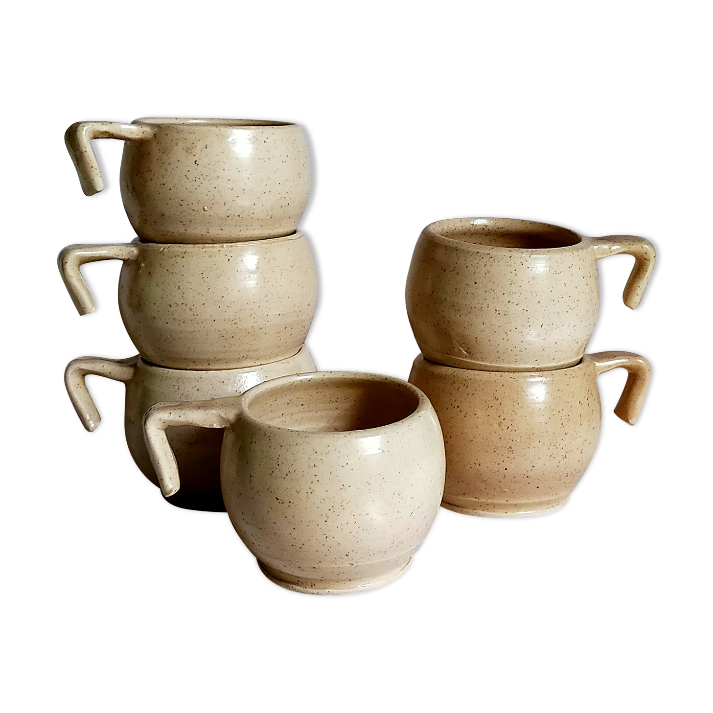 Six vintage potter's ceramic cups with vanilla enamel