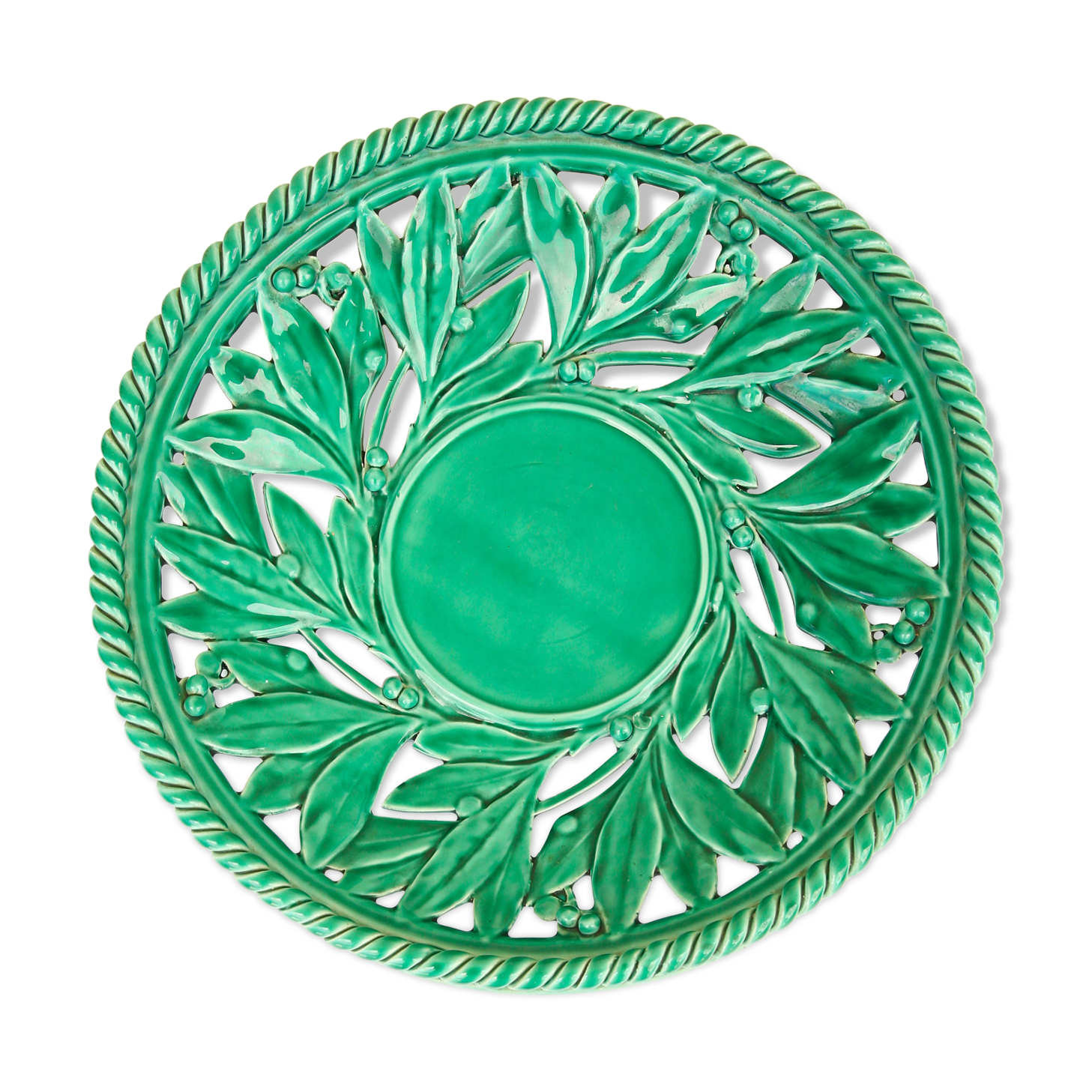 Openwork XL dish in green slurry like olive branches