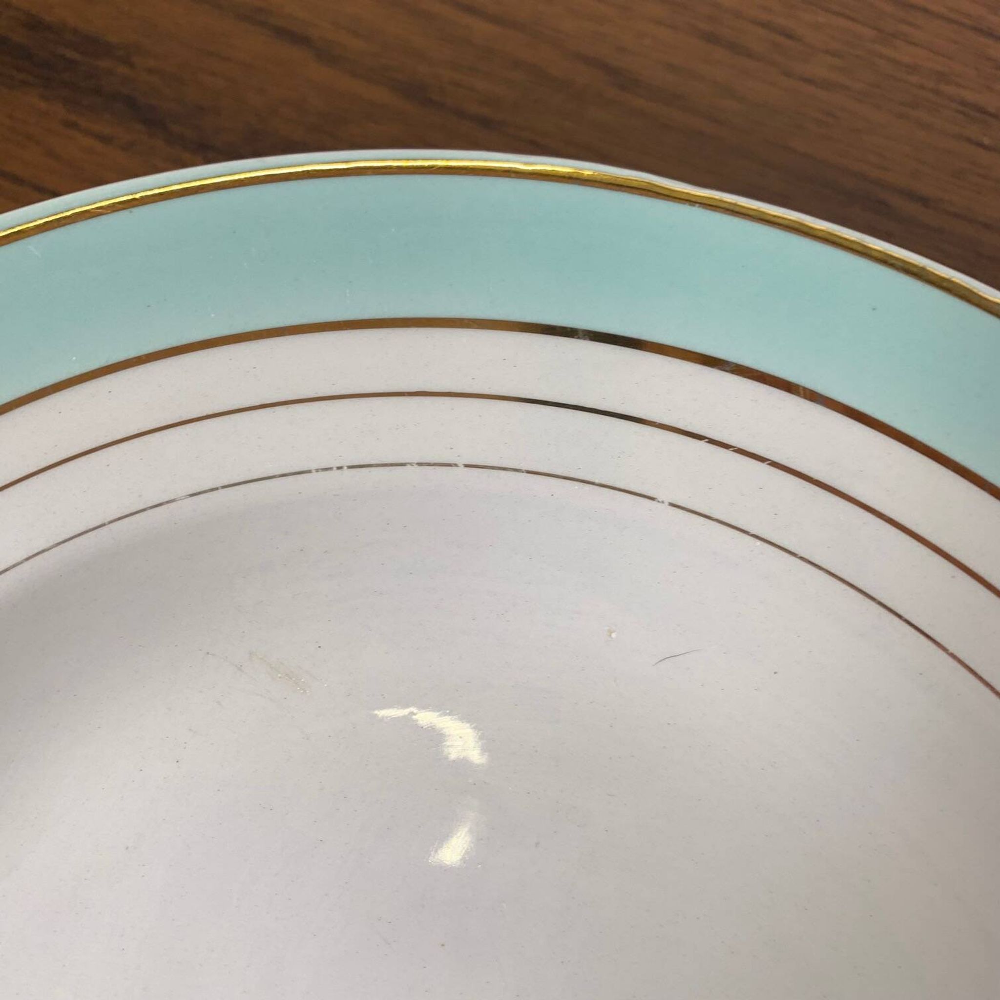 Set of 6 Lunéville soup plates, "Régence" model, water green and 4 lines