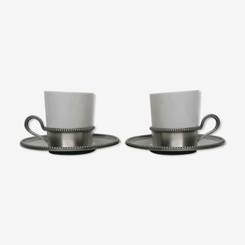 Duo de tasses en étain et porcelaine de Limoges