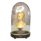 Ancien buste en cire "Louise Brongniart" sous globe de mariée d'après Jean-