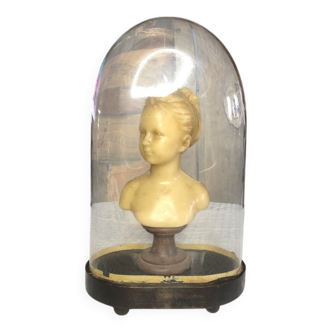 Old wax bust "Louise Brongniart" under a bridal globe after Jean-