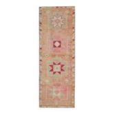 Tapis de couloir turc vintage en laine et coton rose noué à la main