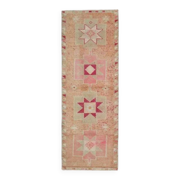 Vintage Turkish Hand-Knotted Wool Cotton Pink Runner Rug 102x300