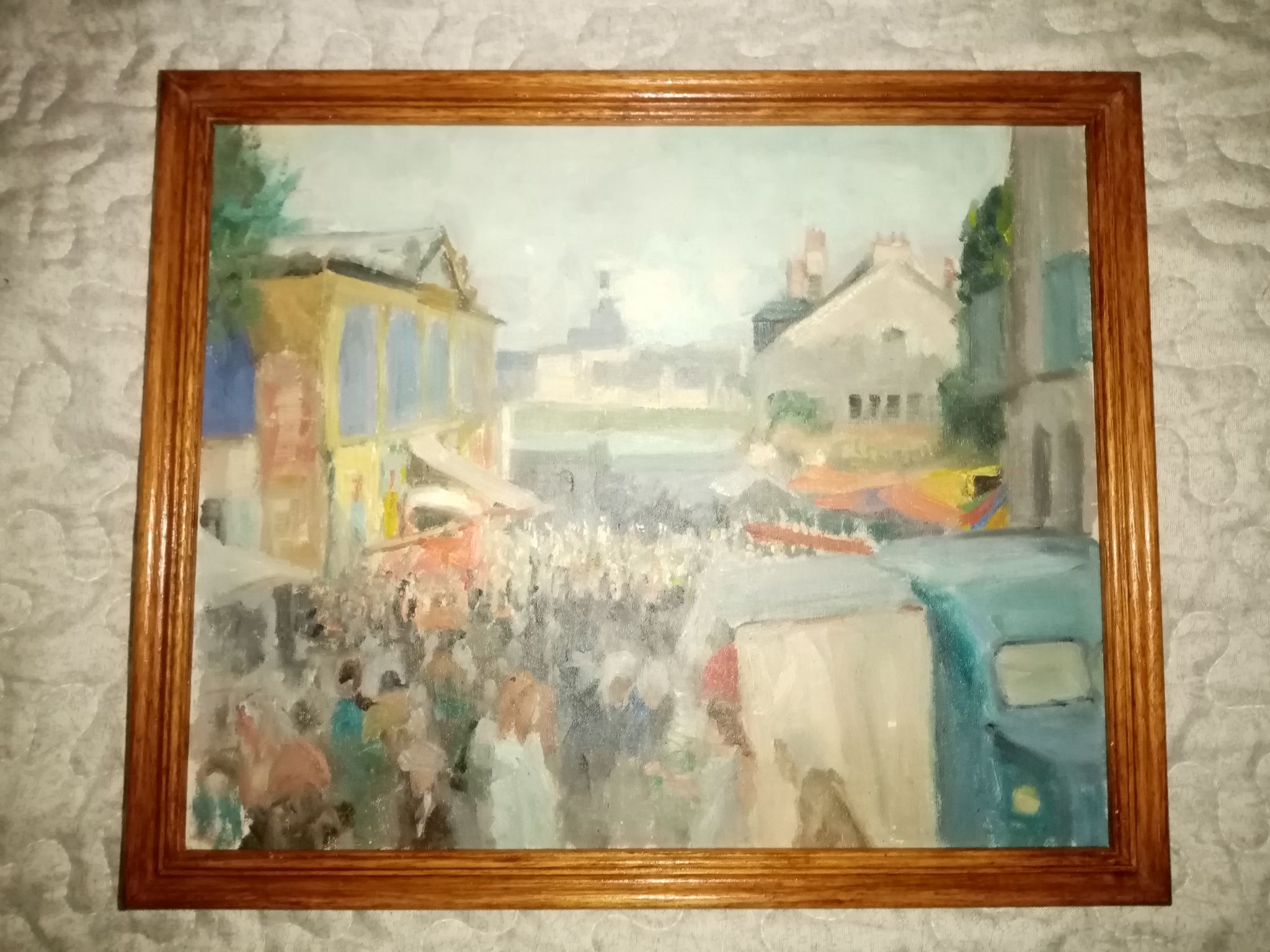 Impressionist painting oil on cardboard signed Pierre Villain walking scene